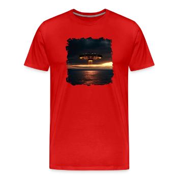 Avec le smartphone à la recherche d’ovnis - T-shirt bio Premium Homme - rouge - Devant - Damien (186cm)