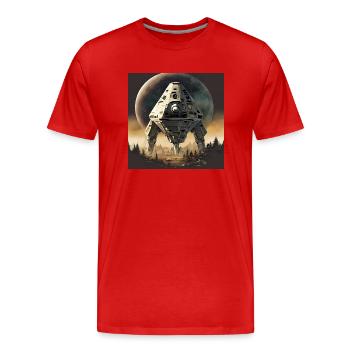 Futuristic space ship landing in forest - Men's Premium Organic T-Shirt - red - Front - Damien (186cm)