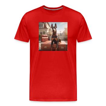 Doberman on vacation on a suitcase - Men's Premium Organic T-Shirt - red - Front - Damien (186cm)