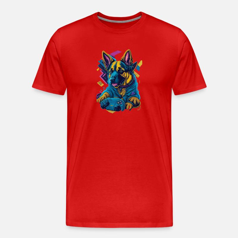 Deutscher Schäferhundwelpe spielt mit Gamecontroll - Männer Premium Bio T-Shirt - Rot
