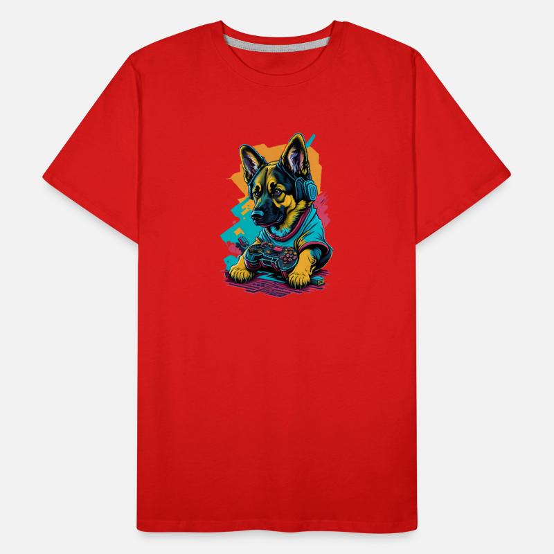 German Shepherd puppy plays with game control Men's Premium Organic T-Shirt