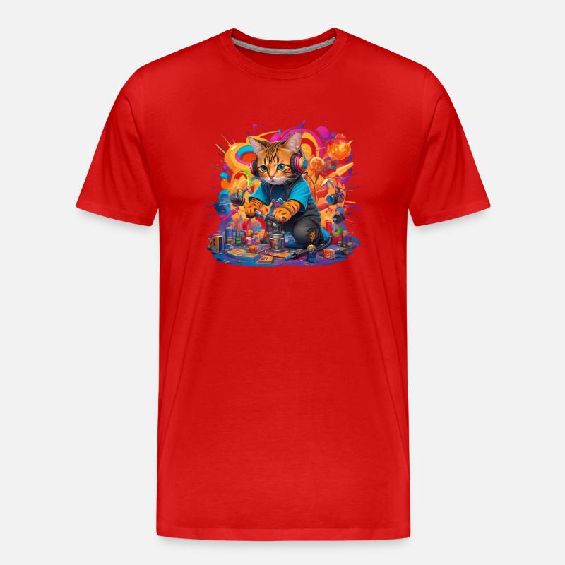farbiger Katzen DJ - Männer Premium Bio T-Shirt - Rot