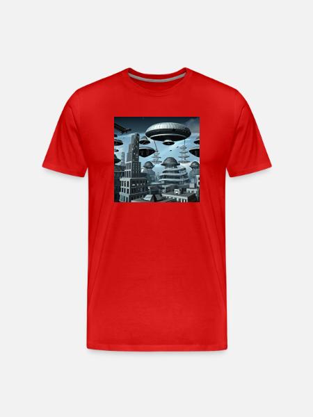 Futuristic city with UFO - Men's Premium Organic T-Shirt - red