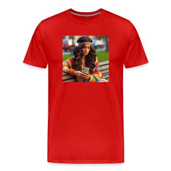 des années 80 jeune femme utilisant sur un banc de parc avec un smartphone - T-shirt bio Premium Homme - rouge - Devant - Damien (186cm)