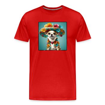 Chihuahua, fleurs et chapeau mexicain - T-shirt bio Premium Homme - rouge - Devant - Damien (186cm)