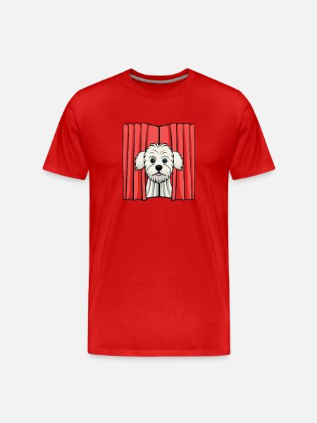 Shy Maltese Peeking from Curtain - Men's Premium Organic T-Shirt - red