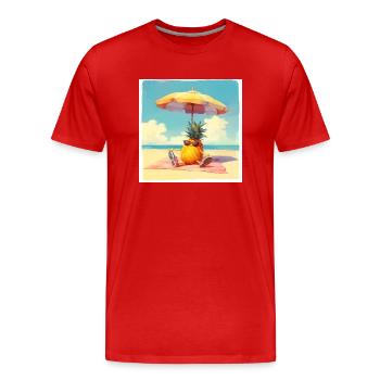 Funny pineapple sunbathing on the beach under an umbrella - Men's Premium Organic T-Shirt - red - Front - Damien (186cm)