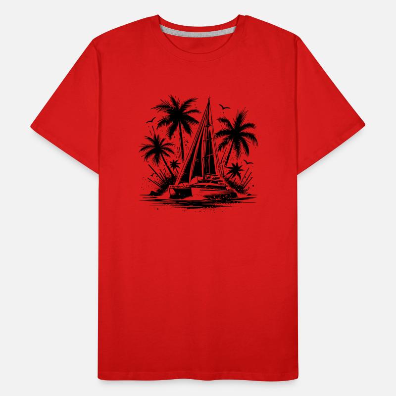 Palm trees with double hull catamaran sailing boat Men's Premium Organic T-Shirt