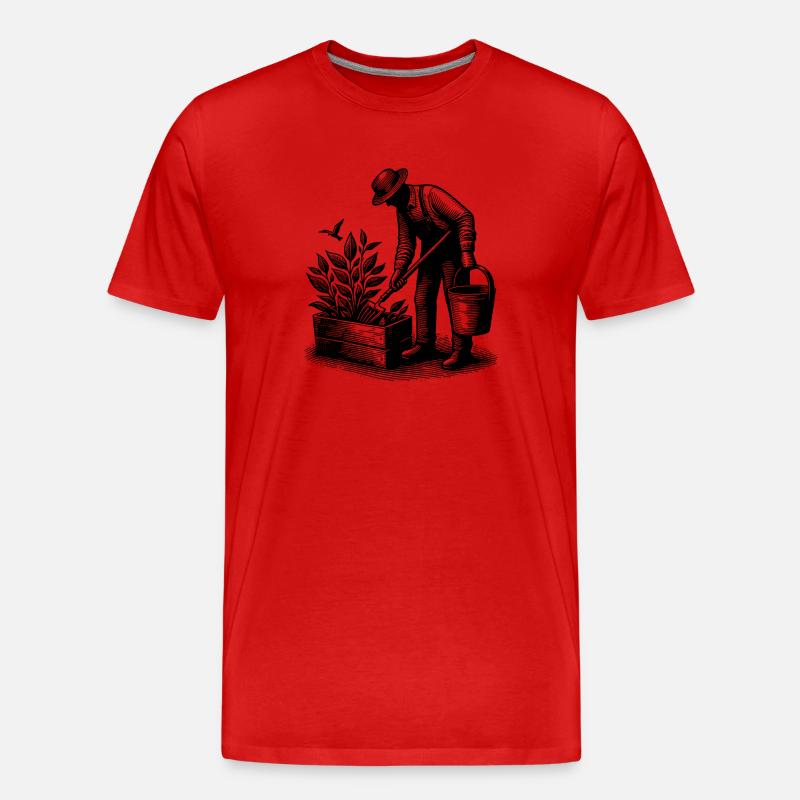 Gärtner bei Gartenarbeit im Hochbeet - Männer Premium Bio T-Shirt - Rot