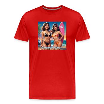 Das Bild zeigt drei Skelette, die auf farbenfrohen - Männer Premium Bio T-Shirt - Rot - Vorne - Damien (186cm)