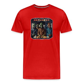 Out of Space - Refugees Welcome Design - Version 3 - Männer Premium Bio T-Shirt - Rot - Vorne - Damien (186cm)
