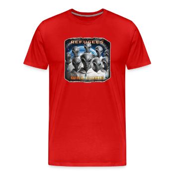 Out of Space - Refugees Welcome Design - Version 4 - Männer Premium Bio T-Shirt - Rot - Vorne - Damien (186cm)