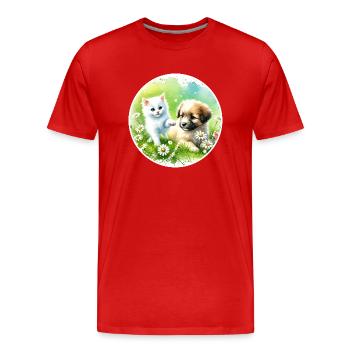 Hund und Katze in Harmonie - Männer Premium Bio T-Shirt - Rot - Vorne - Damien (186cm)