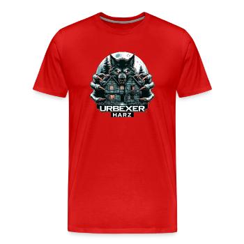 Wolf Urbexer Aufdruck mit einem Lostplace - Männer Premium Bio T-Shirt - Rot - Vorne - Damien (186cm)