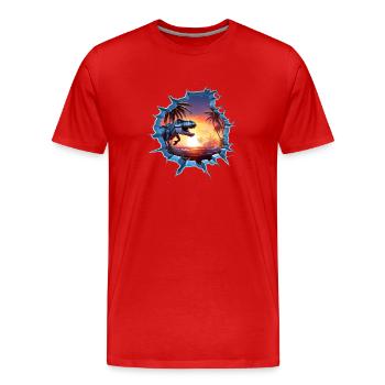 Autocollant T-rex de dinosaure - T-shirt bio Premium Homme - rouge - Devant - Damien (186cm)
