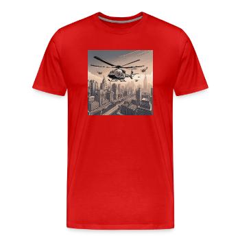 Helicopters Over Urban Cityscape - Men's Premium Organic T-Shirt - red - Front - Damien (186cm)
