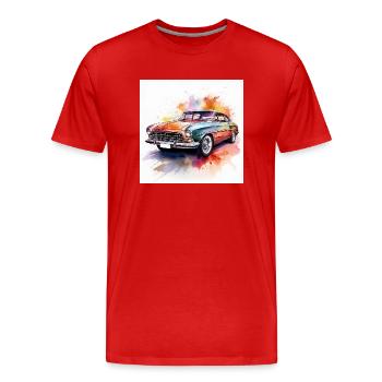 Vibrant Retro Classic Car in Watercolour - Men's Premium Organic T-Shirt - red - Front - Damien (186cm)
