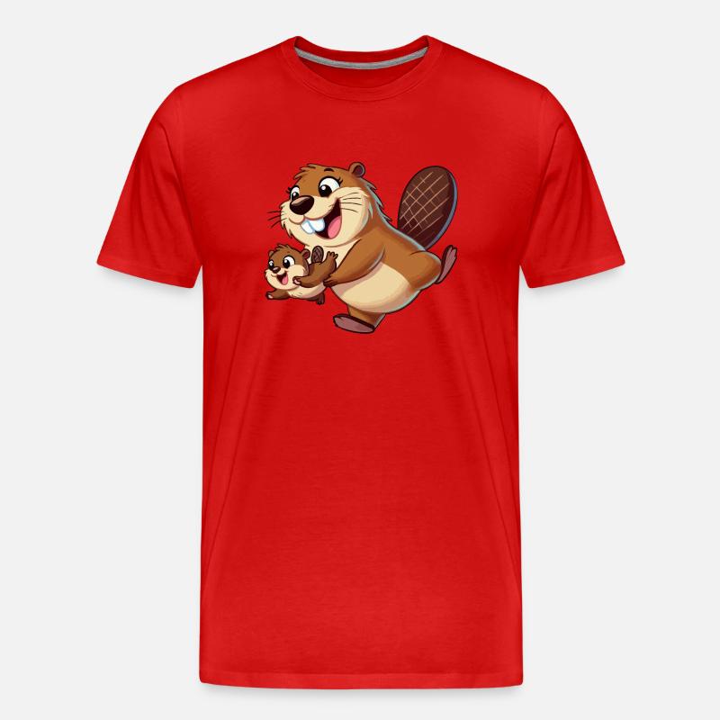 Bibermutter mit herumtollendem Kind - Männer Premium Bio T-Shirt - Rot