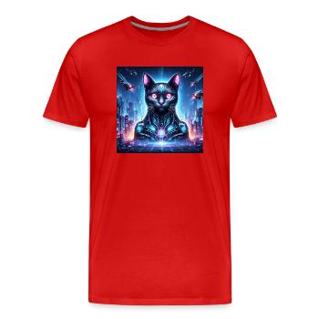 Cyber Cat : un félin futuriste dans un métro éclairé au néon - T-shirt bio Premium Homme - rouge - Devant - Damien (186cm)
