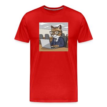 Cartoon of a cat with a laptop - Men's Premium Organic T-Shirt - red - Front - Damien (186cm)