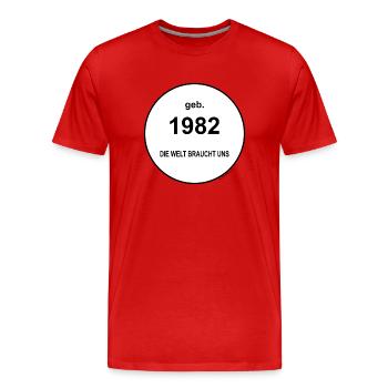 1982 die welt braucht uns - Männer Premium Bio T-Shirt - Rot - Vorne - Damien (186cm)