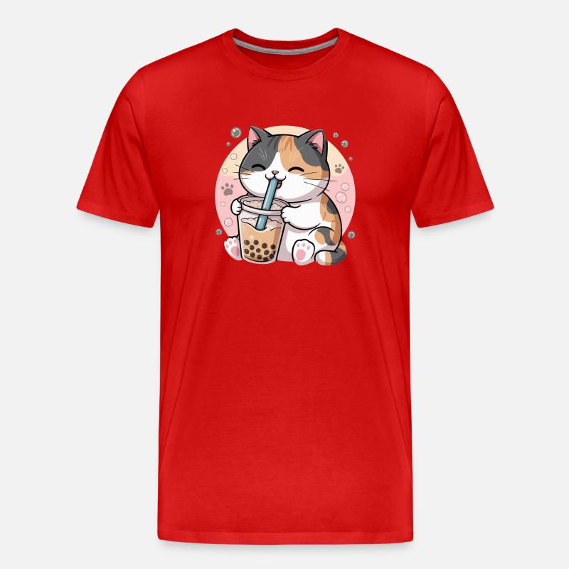 Katze trinkt Bubble Tea - Männer Premium Bio T-Shirt - Rot
