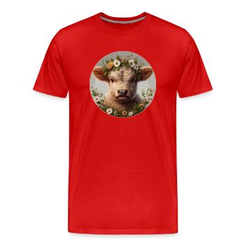 Highlander-Kalb mit Blumen - Männer Premium Bio T-Shirt - Rot - Vorne - Damien (186cm)