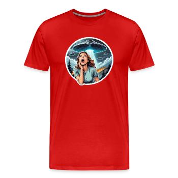 Invasion extraterrestre : une femme craint les OVNI - T-shirt bio Premium Homme - rouge - Devant - Damien (186cm)