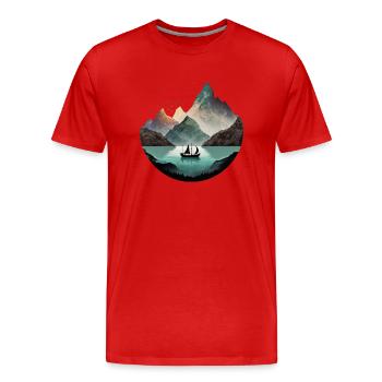 Bateau sur lac calme dans les montagnes - T-shirt bio Premium Homme - rouge - Devant - Damien (186cm)