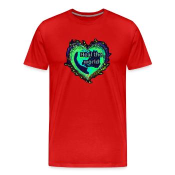 Guérissez le monde, globe en forme de cœur, néon - T-shirt bio Premium Homme - rouge - Devant - Damien (186cm)