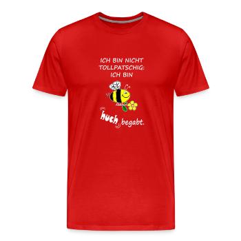 Ich bin nicht tollpatschig. ich bin huch begabt. - Männer Premium Bio T-Shirt - Rot - Vorne - Damien (186cm)