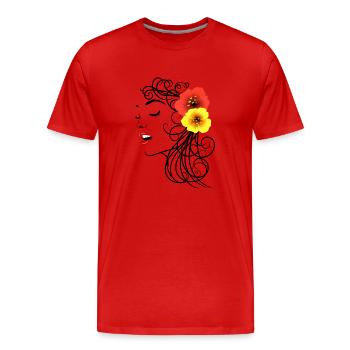 Frau mit roten und gelben Hibiskusblüten - Männer Premium Bio T-Shirt - Rot - Vorne - Damien (186cm)