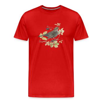 Merle sur branche Dessin à l’aquarelle aimant - T-shirt bio Premium Homme - rouge - Devant - Damien (186cm)