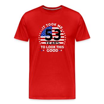 Il m’a fallu 53 ans pour être aussi beau - T-shirt bio Premium Homme - rouge - Devant - Damien (186cm)