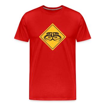 Drone with warning sign Drone flyer - Men's Premium Organic T-Shirt - red - Front - Damien (186cm)