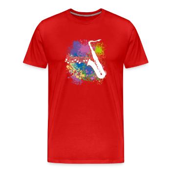 Saxofonsilhouette und Musiknoten auf Farbklecksen - Männer Premium Bio T-Shirt - Rot - Vorne - Damien (186cm)