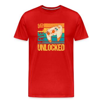Level 16 Unlocked - Men's Premium Organic T-Shirt - red - Front - Damien (186cm)