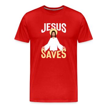 Jesus Saves mit Heiligen schein - Männer Premium Bio T-Shirt - Rot - Vorne - Damien (186cm)