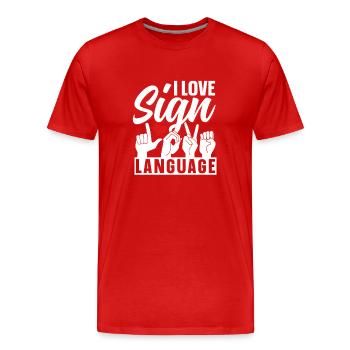J’adore la sensibilisation aux signes en langue des signes - T-shirt bio Premium Homme - rouge - Devant - Damien (186cm)