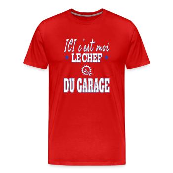 Ici c'est moi le chef du garage. Humour mécanicien - T-shirt bio Premium Homme - rouge - Devant - Damien (186cm)