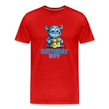 Birthday Boy, Cute Monster with Gift - Men's Premium Organic T-Shirt - red - Front - Damien (186cm)