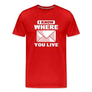 Je sais où tu habites facteur - T-shirt bio Premium Homme - rouge - Devant - Damien (186cm)