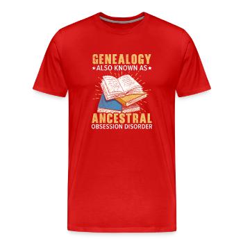 Genealogie bekannt als Ahnenbesessenheitsstörung - Männer Premium Bio T-Shirt - Rot - Vorne - Damien (186cm)