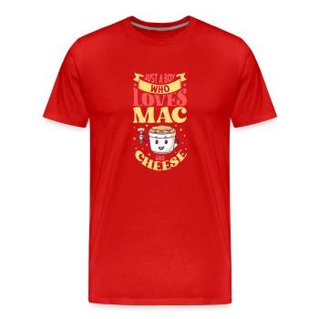MAC AND CHEESE GIFT: powered by mac & cheese - Männer Premium Bio T-Shirt - Rot - Vorne - Damien (186cm)