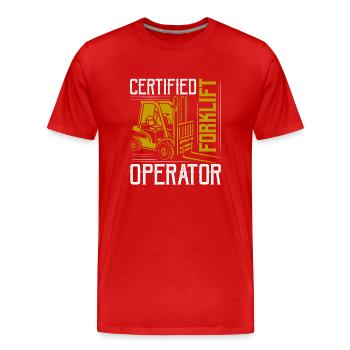 Certified Forklift Operator Warehouse Lifting - Men's Premium Organic T-Shirt - red - Front - Damien (186cm)
