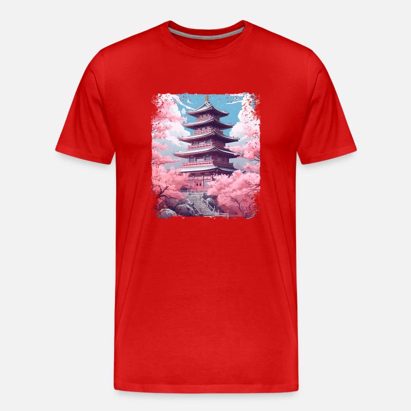 Kirschblüten-Sakura-Baum in einer Tempel-Dampfwelle - Männer Premium Bio T-Shirt - Rot