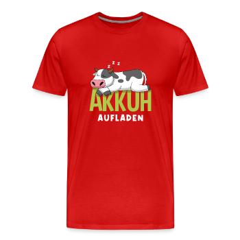 Wortspiel Kuh Akku Leer Schlafen Akkuh Aufladen - Männer Premium Bio T-Shirt - Rot - Vorne - Damien (186cm)