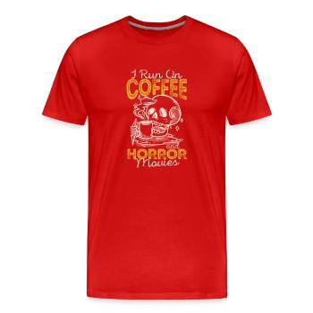 Ich laufe auf Kaffee und Horrorfilme Lustiger - Männer Premium Bio T-Shirt - Rot - Vorne - Damien (186cm)