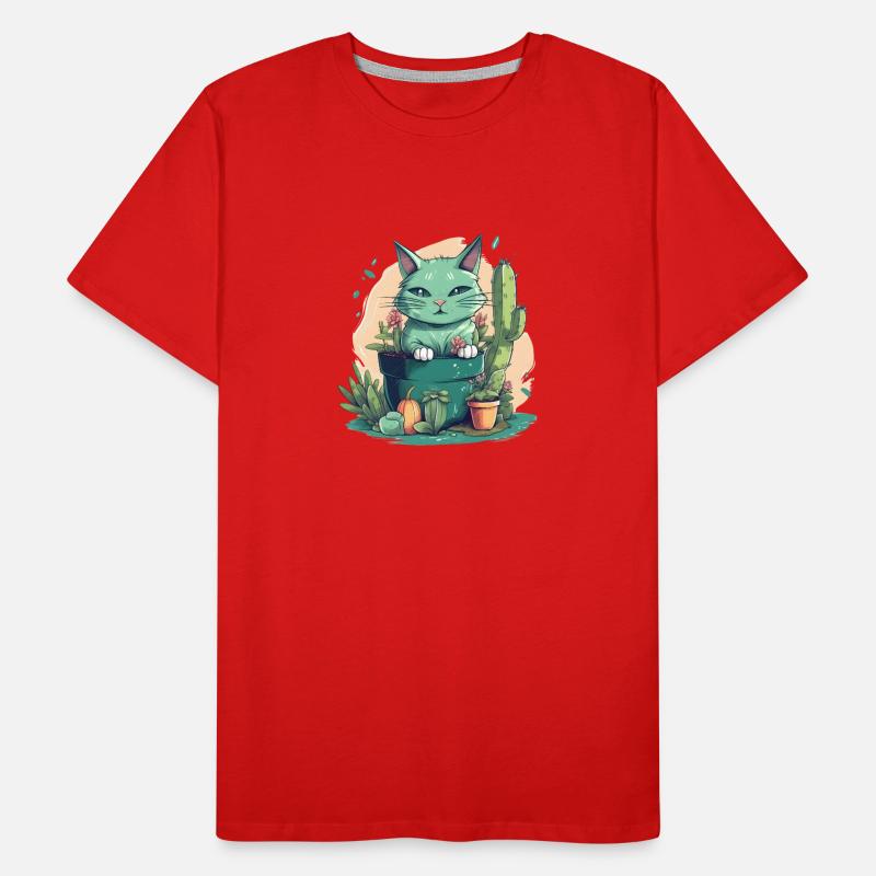 Chat vert en pot de fleurs avec cactus et citrouille T-shirt bio Premium Homme