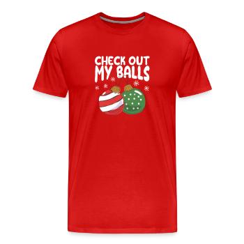Découvrez mes couilles drôle sale blague de Noël - T-shirt bio Premium Homme - rouge - Devant - Damien (186cm)